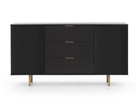 Zásuvková komoda Sula 150 cm černá elegantní a funkční komoda s ozdobnými drážkovanými čely a kovovými úchyty