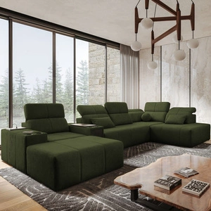 Rohová sedací souprava s funkcí spaní Tesalia V zelená levá pohodlná rohová sedací souprava se zásuvkou a funkcí posuvného opěradla