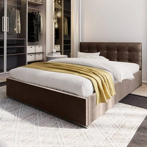 Čalouněná postel Montigo 160x200 světle hnědá s úložným boxem v moderním skandinávském stylu s prošívaným čelem