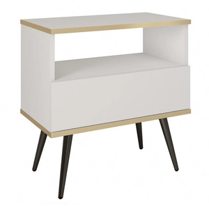 Luxusní bílý noční stolek se zásuvkou elegantní design skříňka doplněná zlatou lištou skříňka stojí na černých kovových nohách