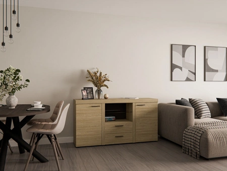 Komoda se zásuvkami Rene 156 cm olejovaný dub elegantní a univerzální komoda ve stylu obývacího pokoje vkusné černé úchytky