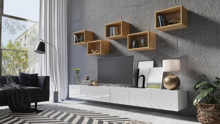 Nábytek Apulia XXXII bílý lesk / zlatý dub výjimečně stylová nástěnná skříňka jednoduché jednotky hodící se do každého interiéru