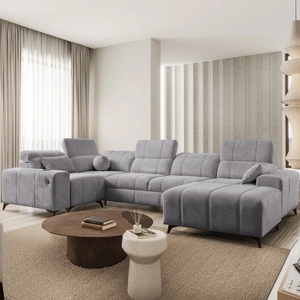 Rohová pohovka s funkcí spaní Penejos IV světle šedá pravostranná stylová rohová pohovka se dvěma lůžkovinami odolná látka