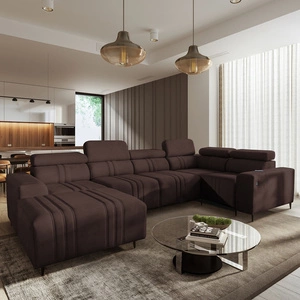 Rohová pohovka s funkcí spaní Castel IV hnědá levostranná stylová rohová pohovka s kontejnery na lůžkoviny a nastavitelnými opěrkami hlavy