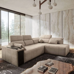 Rohová sedací souprava s funkcí spaní Tesalia VII béžová pravý roh moderní design pohodlný posuvný opěrák zásuvka v boční části nábytku