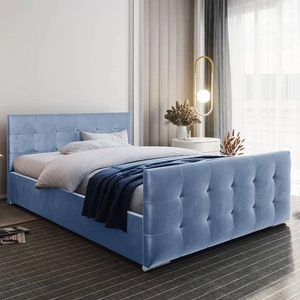 Čalouněná postel Verlan 180x200 modrá s kontejnerem v moderním skandinávském stylu s prošívaným podhlavníkem a podnožkou