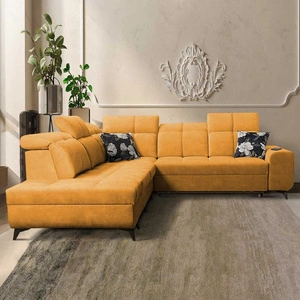 Rohová sedačka s funkcí spaní Buffalo IX žlutá levá strana stylová rohová sedačka do pokoje z velurové tkaniny dekorativní polštáře
