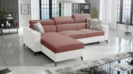 Rohová pohovka s funkcí spaní Savona Indian pink / white levá elegantní rohová pohovka s nastavitelnými opěrkami hlavy dekorativní prošívání 