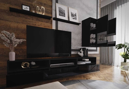 Kiria černá / černý lesk univerzální a stylová nástěnná skříňka do obývacího pokoje systém push to open pro dveře a zásuvky