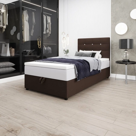 Hnědá kontinentální postel Kingston 120x200 v moderním skandinávském stylu s čalouněným čelem s krystaly postel s úložným boxem