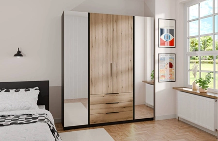 Šatní skříň se zrcadlem Kastano II 200 cm černá / dub evokuje klasický tvar hrany úchytek ideální šatní skříň do ložnice prostorné zásuvky