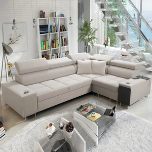 Rohová sedací souprava s funkcí spaní Dafni II světle béžová sametová pravá rohová sedací souprava s úložným prostorem na lůžkoviny s celočalouněnou zásuvkou