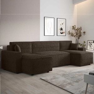 Rohová sedací souprava s funkcí spaní Brandon U Bis hnědý kontejner na lůžkoviny područky látka s výrazným smyčkovým povrchem