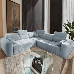 Rohová sedačka s funkcí spaní Cetara III modrá pravá ergonomická rohová sedačka s posuvným opěradlem a nastavitelnými opěrkami hlavy