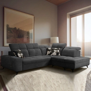 Rohová sedací souprava Buffalo VII s funkcí spaní grafitová pravá strana stylová rohová sedací souprava s kontejnery na lůžkoviny velurová látka