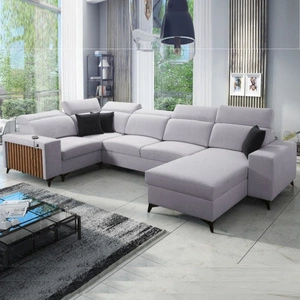 Rohová sedací souprava Kelly IV s funkcí spaní šedý jasan pravý opletená pohodlná rohová sedací souprava nastavitelné opěrky hlavy boční čalounění s lamelami