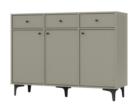 Zásuvková komoda Kioto I 125 cm eukalyptus minimalistický tvar ideální komoda do obývacího pokoje nebo ložnice černé doplňky