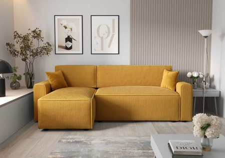 Rohová sedací souprava s funkcí spaní Brandon Bis medová levá trojrozměrná tkanina s výrazným pruhovaným kontejnerem na lůžkoviny