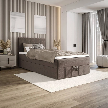 Kontinentální postel Casey 120x200 světle hnědá v moderním skandinávském stylu s čalouněným čelem postele s úložným boxem