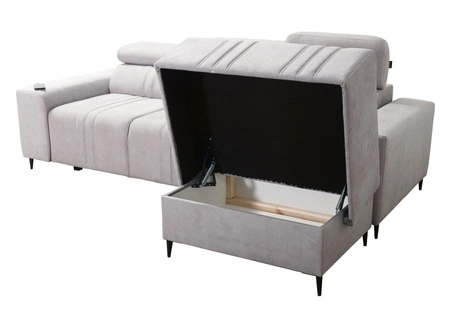 Rohová rozkládací pohovka s funkcí spaní Castel hnědá pravý roh pohodlná a stylová rozkládací pohovka s kontejnerem na lůžkoviny