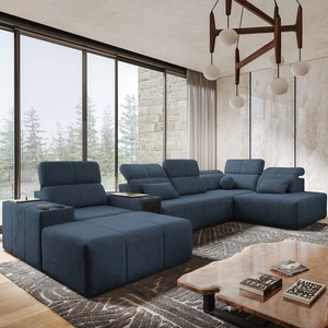 Rohová sedací souprava s funkcí spaní Tesalia V modrá levá komfortní rohová sedací souprava se zásuvkou a funkcí posuvného opěradla