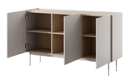 Komoda Vellore 144 cm béžová elegantní komoda s jemným charakterem se sníženou horní deskou v dubovém odstínu kovové nohy