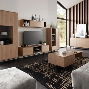 Sada nábytku Tutti dub hickory jednoduchá forma nástěnné skříňky na kovovém černém podstavci bezúchytkový systém otevírání push to open