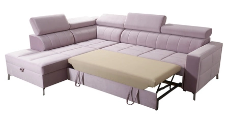 Rohová sedací souprava s funkcí spaní Nausa III světle hnědá levá sametová stylová pohodlná rohová sedací souprava nastavitelné opěrky hlavy nádoba na lůžkoviny