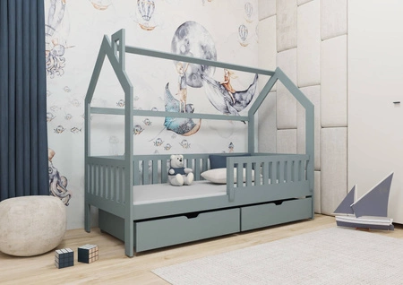Dřevěná postel Timon 90x200 cm šedá moderní design dětský domeček postel z masivního borovicového dřeva prostorné zásuvky