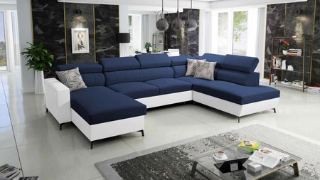 Rohová sedací souprava s funkcí spaní Savona VI modrá / bílá levá elegantní a pohodlná rohová sedací souprava do obývacího pokoje dvě nádoby na lůžkoviny