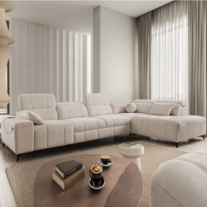 Rohová pohovka s funkcí spaní Penejos XI béžová pravá pohodlná rohová pohovka s nastavitelnými opěrkami hlavy a dvěma nádobami na lůžkoviny