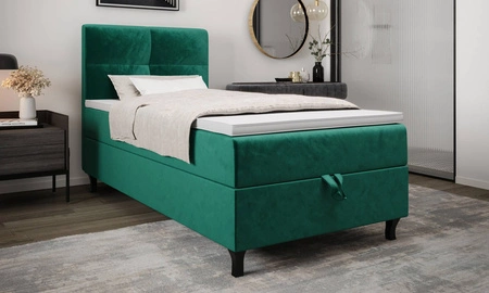 Kontinentální postel Melba 90x200 lahvově zelená v moderním skandinávském stylu s čalouněným čelem postele s úložným boxem