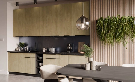 Kuchyňský nábytek Crotone 300 cm elegantní kuchyňské skříňky s kovovými úchytkami na hraně skříňka s nákladním košem