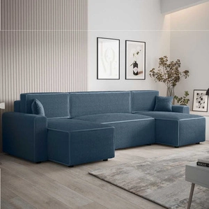 Rohová sedací souprava s funkcí spaní Brandon U Bis modrá nádoba na lůžkoviny trojrozměrná látka s výraznými pruhy měkké područky