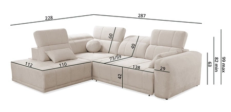 Rohová sedací souprava s funkcí spaní Cetara VII krémová levá vysoce kvalitní rohová sedací souprava do obývacího pokoje s pohodlným posuvným opěradlem