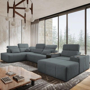 Rohová sedací souprava s funkcí spaní Tesalia V šedá pravá komfortní rohová sedací souprava se zásuvkou a funkcí posuvného opěradla