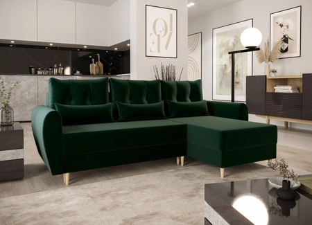 Rohová sedací souprava s funkcí spaní Rovigo bottle green right elegantní rohová sedací souprava ve skandinávském designu velká přihrádka na lůžkoviny
