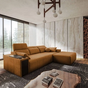 Rohová sedací souprava s funkcí spaní Tesalia med pravý roh moderní design pohodlný posuvný opěrák zásuvka v boku nábytku