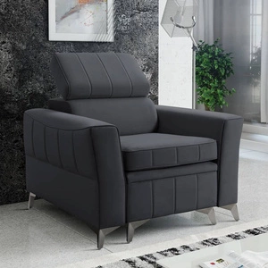 Křeslo Rava grafitové praktické a pohodlné křeslo do obývacího pokoje s nastavitelnou opěrkou hlavy a úložným prostorem z měkké sametové látky