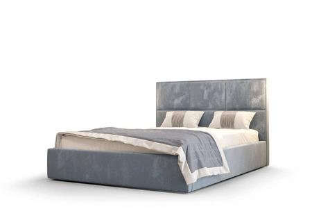 Čalouněná postel Hestia 140x200 s kontejnerem modré barvy v moderním skandinávském stylu s pohodlným podhlavníkem
