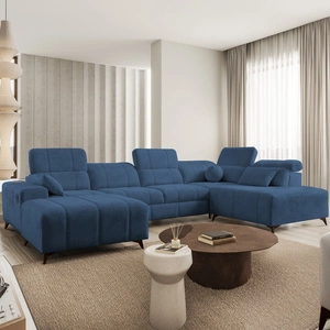 Rohová pohovka s funkcí spaní Penejos VI modrá levostranná stylová rohová pohovka se dvěma přihrádkami na lůžkoviny odolná látka