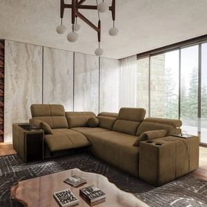 Rohová pohovka s funkcí spaní Tesalia II Lux hnědá levá pohodlná rohová pohovka s posuvným opěradlem a výsuvnou podnožkou