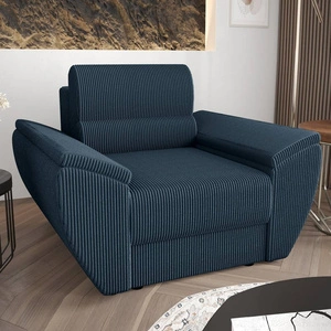 Křeslo Fogu modré moderní design pohodlné křeslo do obývacího pokoje manšestrová látka s výraznými pruhy široké područky