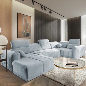 Rohová sedací souprava s funkcí spaní Cetara IV modrá levá strana stylový rohový design s posuvnými opěradly dvě nádoby na lůžkoviny