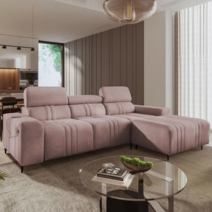 Rohová pohovka s funkcí spaní Castel růžová pravý roh pohodlná a stylová rozkládací pohovka s kontejnerem na lůžkoviny