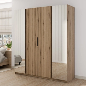 Šatní skříň se zrcadlem Kastano IX 200 cm dub evokuje moderní design šatní skříně určené do ložnice nebo předsíně kovové úchyty