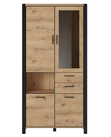 Activ 100 cm dub taurus / černá stylový design bezpečná vitrína z tvrzeného skla se zásuvkou v industriálním stylu