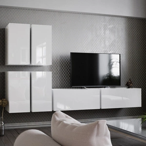 Nástěnná skříňka Malaga bílý lesk ergonomická a funkční geometricky inspirovaná k optickému zvětšení vašeho interiéru k zavěšení na zeď