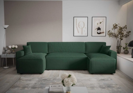 Rohová sedací souprava s funkcí spaní Brandon U Bis zelená nádoba na lůžkoviny trojrozměrná látka s výraznými pruhy měkké područky