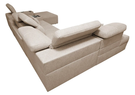 Rohová sedací souprava s funkcí spaní Tesalia V modrá pravá komfortní rohová sedací souprava se zásuvkou a funkcí posuvného opěradla